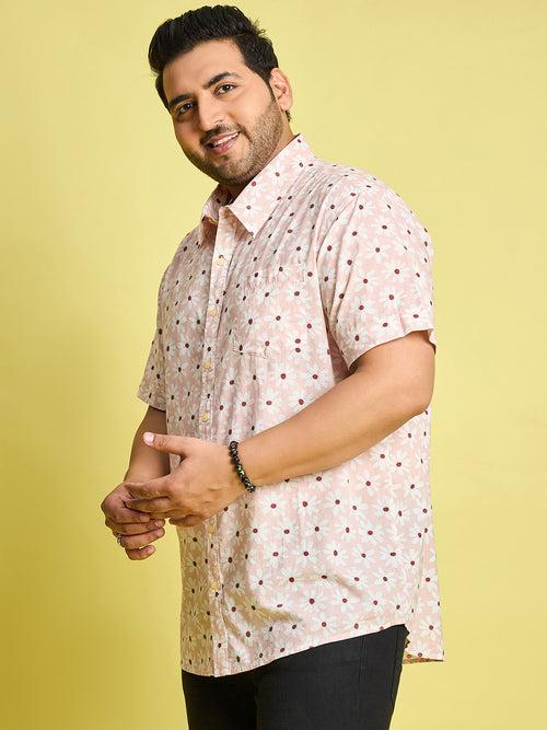 Men Plus Size Jotham White Floral Print Peach Color Shirt