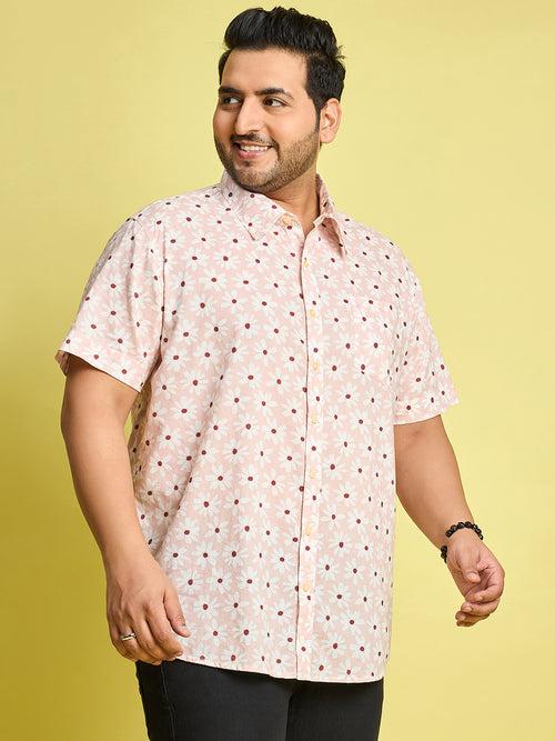 Men Plus Size Jotham White Floral Print Peach Color Shirt