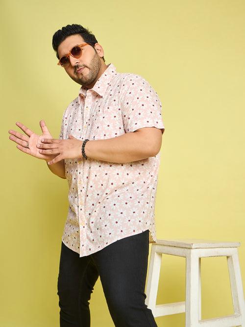 Men Plus Size Jotham White Floral Print Peach Color Shirt