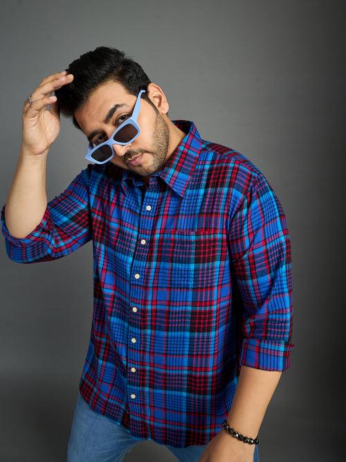 Men Plus Size Moses Red Checked blue Shirt