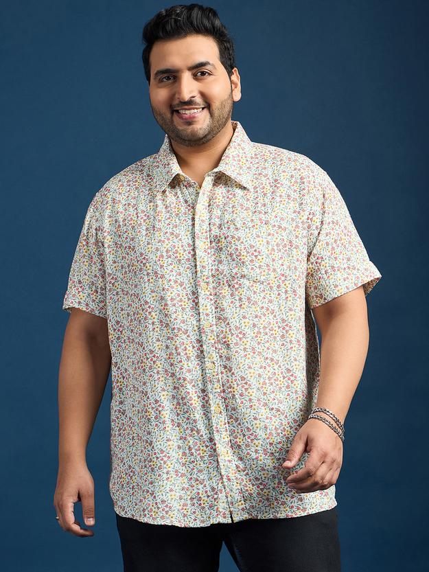 Men Plus Size Pett Floral Printed White Shirt