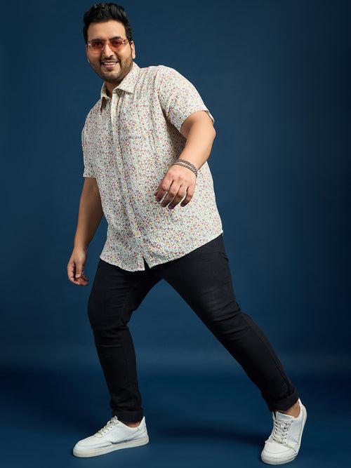 Men Plus Size Pett Floral Printed White Shirt