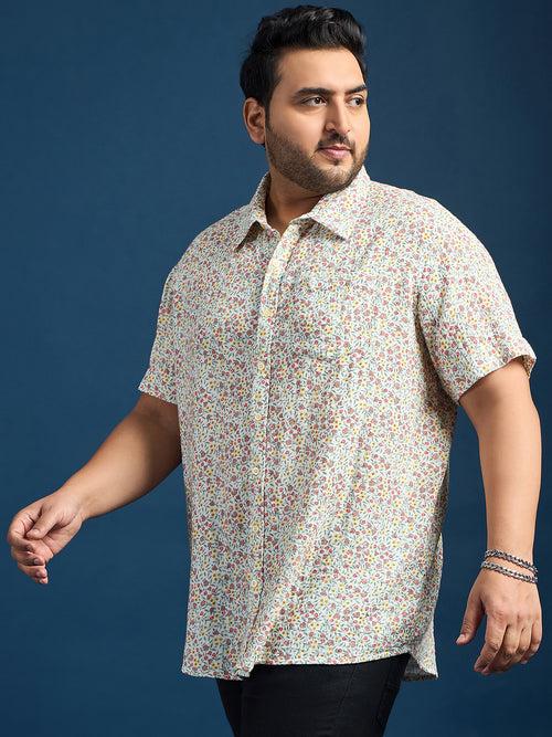 Men Plus Size Pett Floral Printed White Shirt