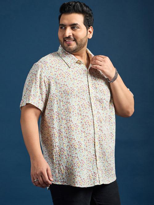 Men Plus Size Pett Floral Printed White Shirt