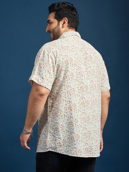 Men Plus Size Pett Floral Printed White Shirt