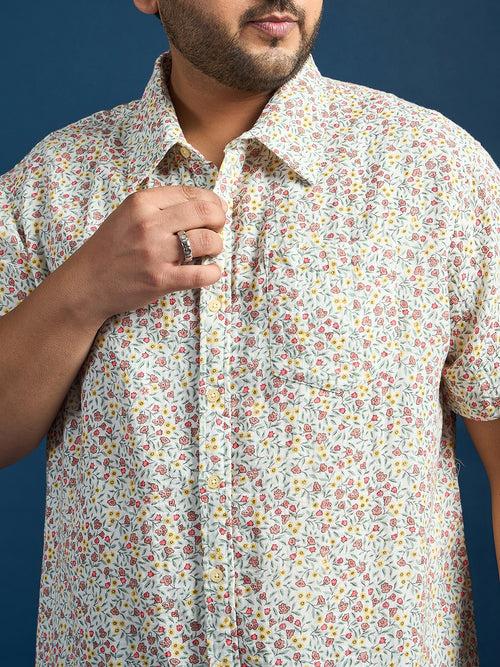 Men Plus Size Pett Floral Printed White Shirt