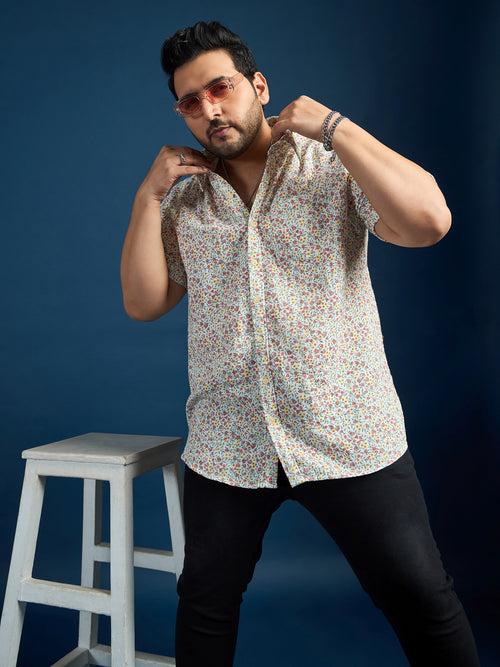 Men Plus Size Pett Floral Printed White Shirt