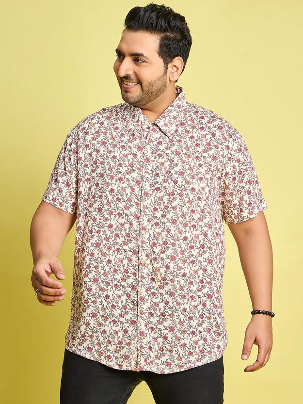 Men Plus Size Rupter Floral Printed Peach Color Shirt