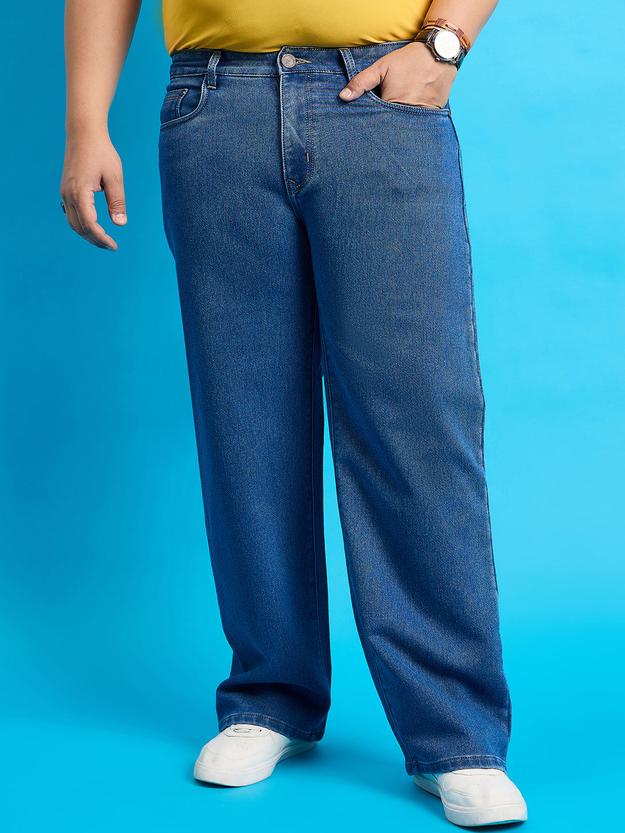 Men Plus Size Scroll-Indigo Blue Solid Jeans