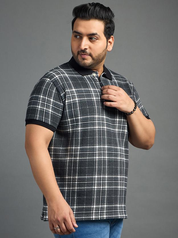 Men Plus Size Thread-Black Check Polo Tshirt