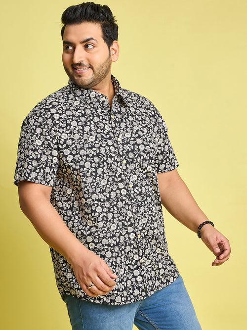 Men Plus Size Trudo Off-White Floral Printed Black Shirt