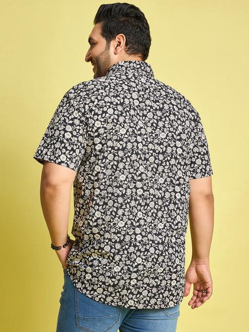 Men Plus Size Trudo Off-White Floral Printed Black Shirt