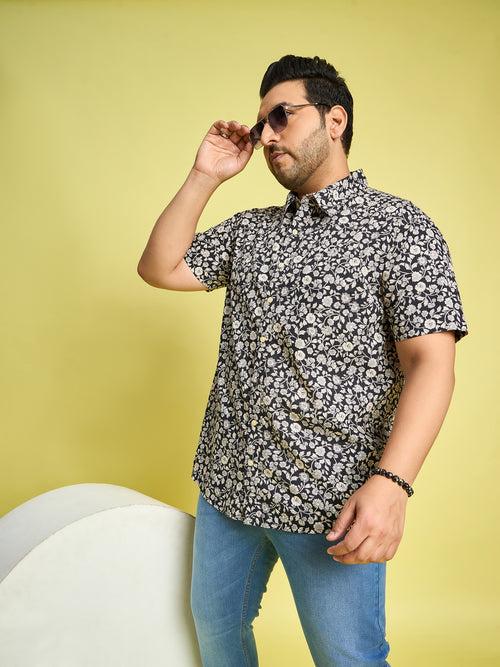 Men Plus Size Trudo Off-White Floral Printed Black Shirt