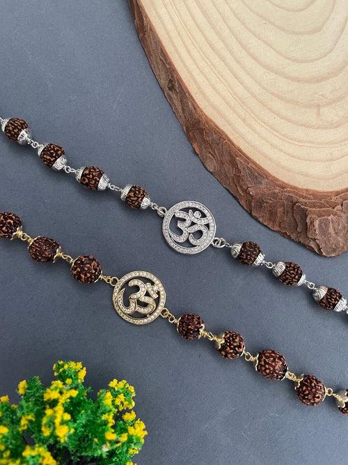 Gold AD Round OM Pendant Mens Rudraksha Bracelet