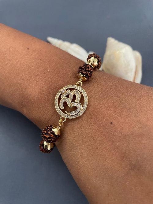 Gold AD Round OM Pendant Mens Rudraksha Bracelet