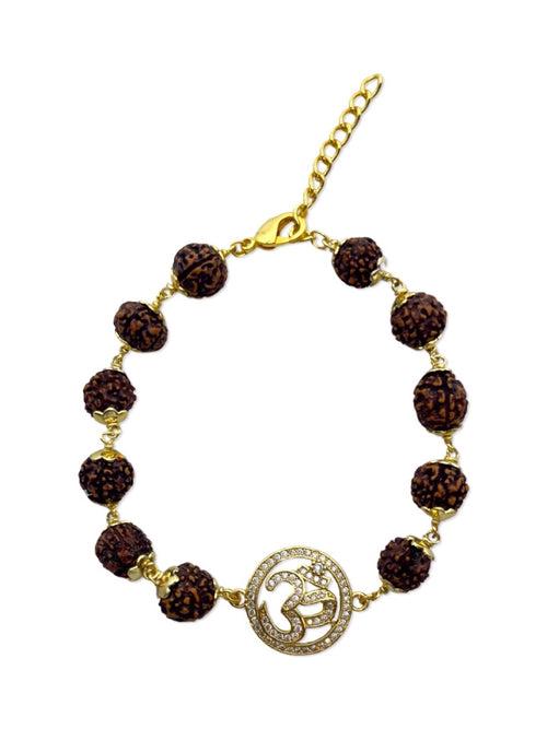 Gold AD Round OM Pendant Mens Rudraksha Bracelet