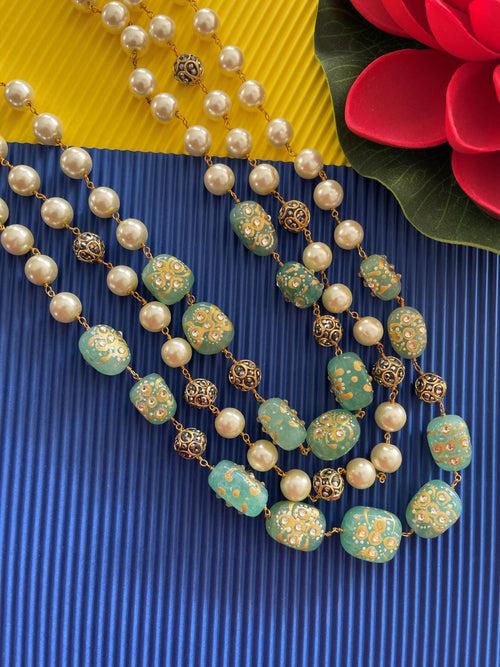 3 Line Handpainted & Kundan Light Blue stones and Pearls Necklace