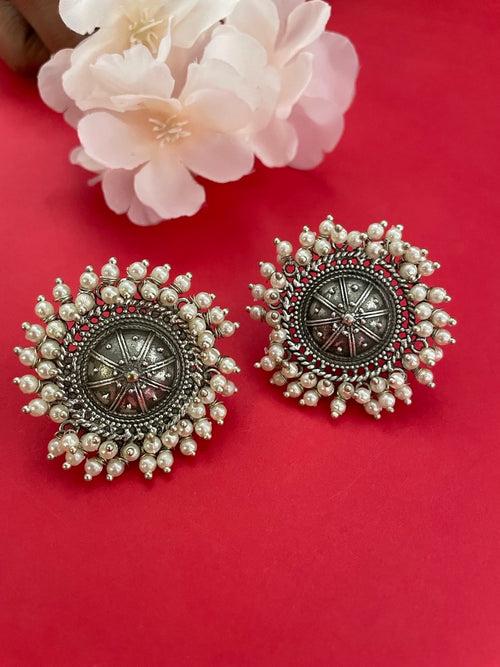 Mughal Style German Oxidized Silver Flower Designs Studs Earrings