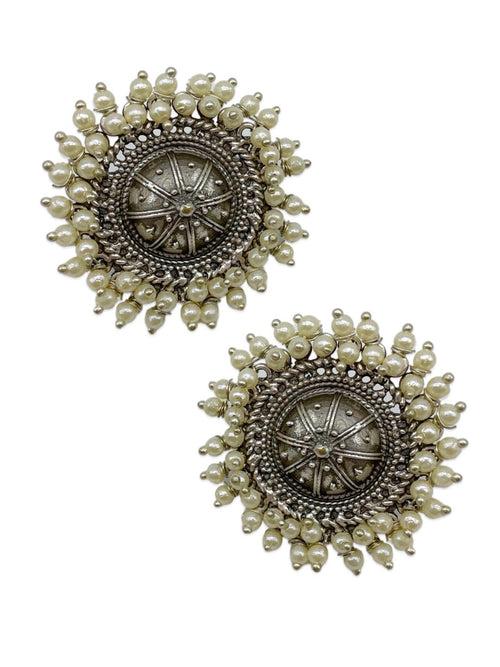 Mughal Style German Oxidized Silver Flower Designs Studs Earrings