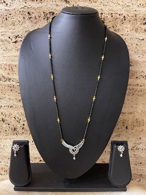 Gold Long Artificial American Diamond Mangalsutra Set Simple Modern Gold And Black Beads Chain