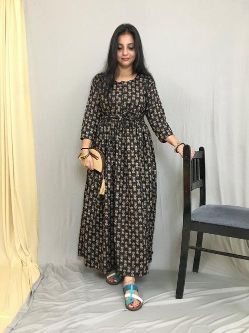 Ajrakh Black Cream Print - Maternity Kurti with Feeding Zips