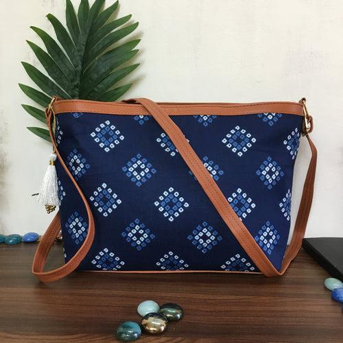 Minsk - 3 zip- Big size - Sling Bag - D no - 45 - Blue Square Bandhani