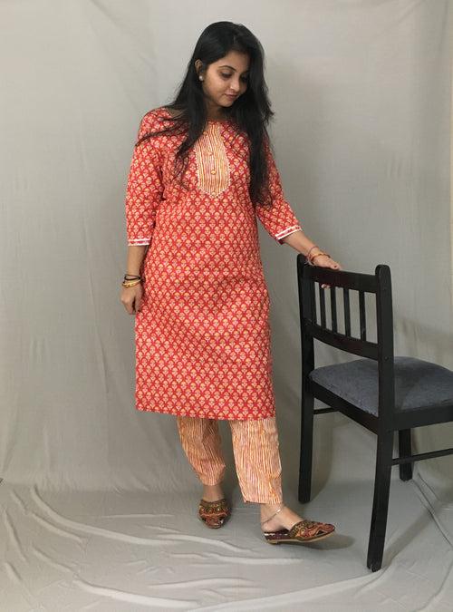 Red Flower Print Kurti Set