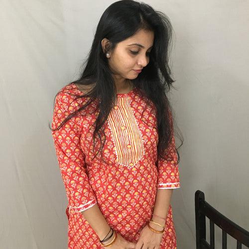 Red Flower Print Kurti Set