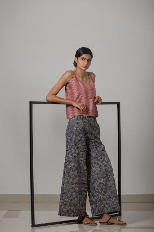 Block Printed Cotton Wide Leg Pant - Indigo