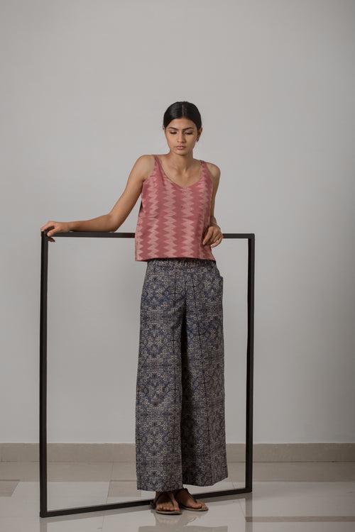 Block Printed Cotton Wide Leg Pant - Indigo