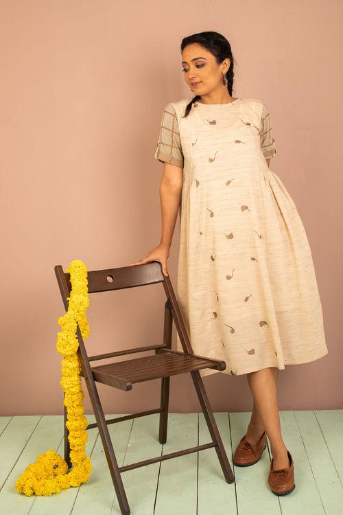 Natural Beige Cotton Embroidered Dress