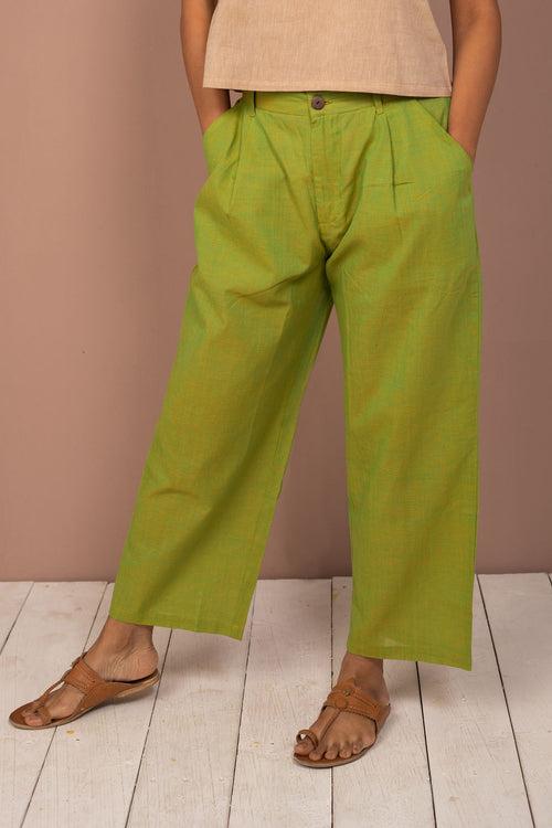 Green Cotton Chambray Straight Pant