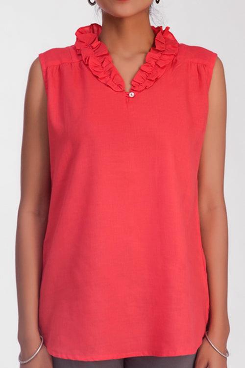 Jessi Salmon - Pink Ruffle Cotton Linen Top