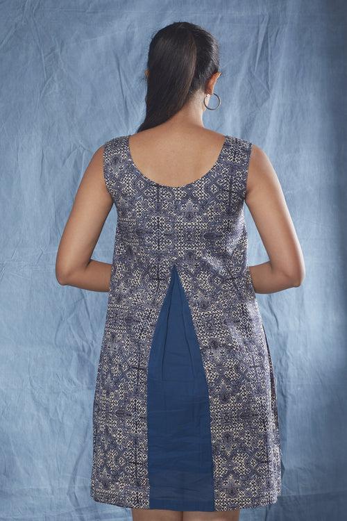 Block Printed Cotton Pleated Dress - Indigo