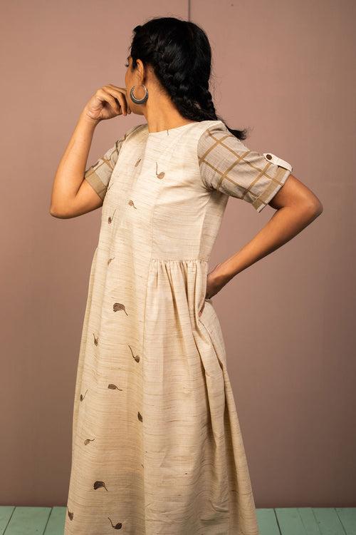 Natural Beige Cotton Embroidered Dress