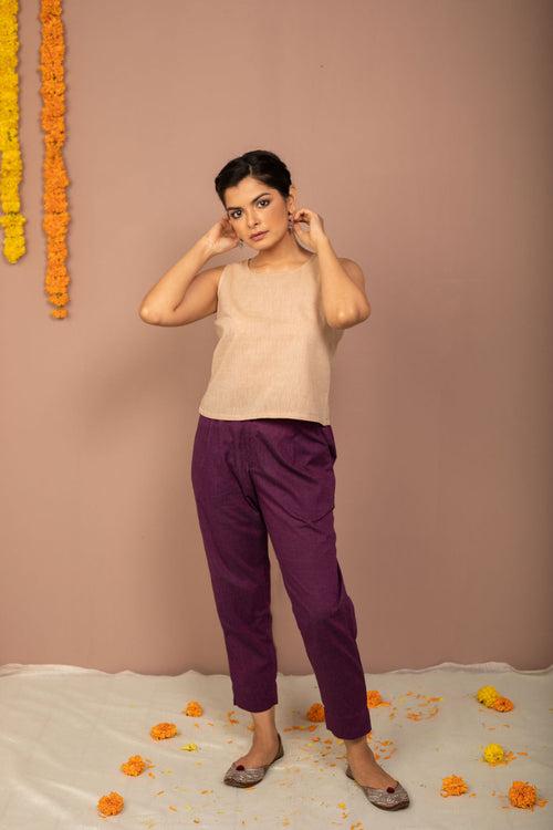 Purple Cotton Chambray Tapered Pant