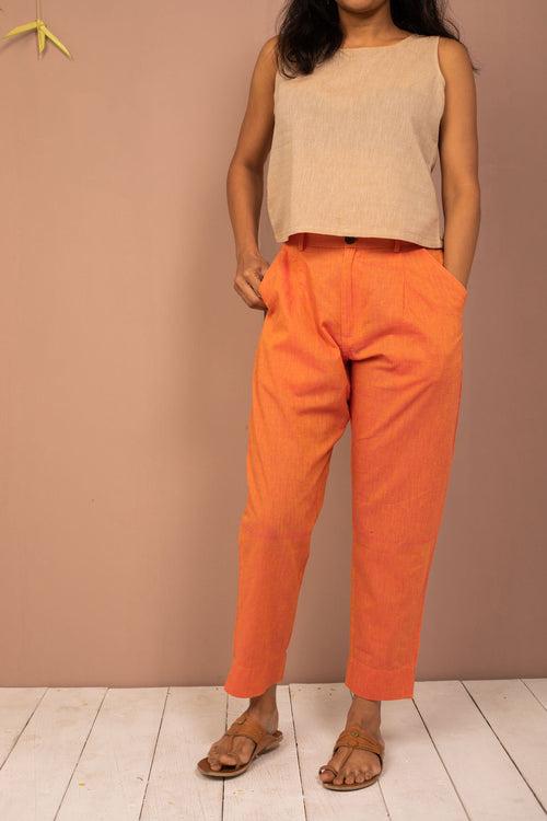 Orange Cotton Chambray Tapered Pant