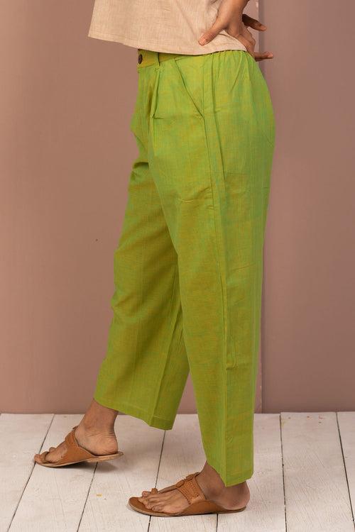 Green Cotton Chambray Straight Pant