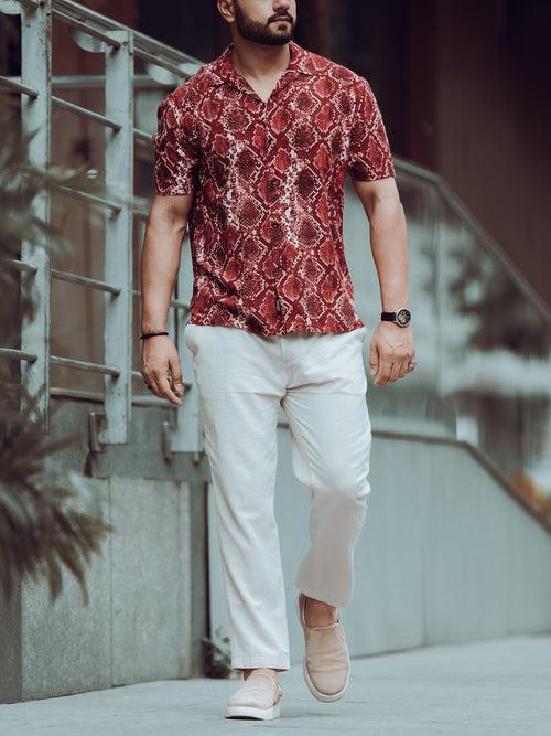 Burnt Red Snake Print Cuban Shirt