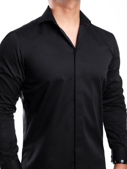 Black Cut-Away Collar Minimal Shirt (Premium Collection)