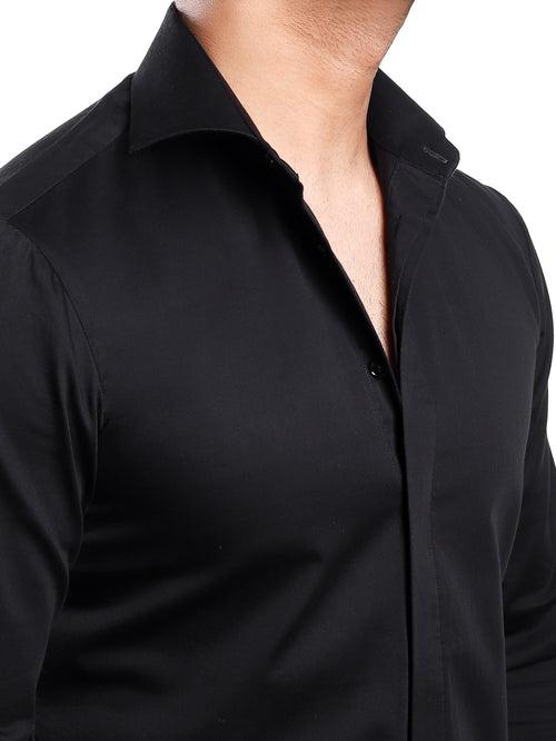 Black Cut-Away Collar Minimal Shirt (Premium Collection)