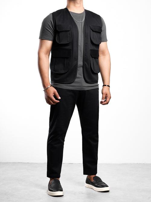 Black Front Open Cargo Vest