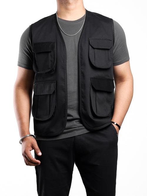 Black Front Open Cargo Vest