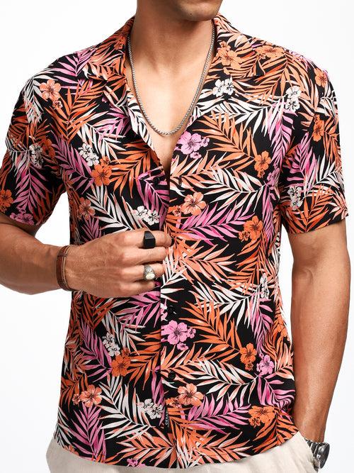 Black Orange Leaf Print Resort Shirt