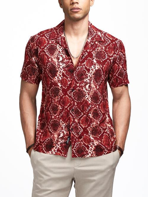 Burnt Red Snake Print Cuban Shirt