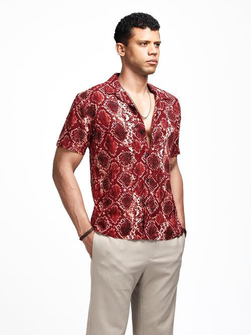 Burnt Red Snake Print Cuban Shirt