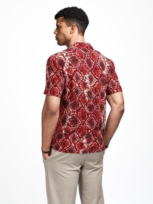 Burnt Red Snake Print Cuban Shirt