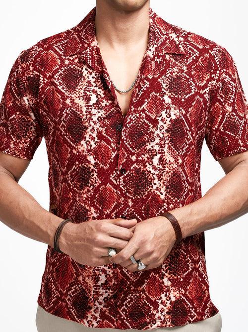 Burnt Red Snake Print Cuban Shirt