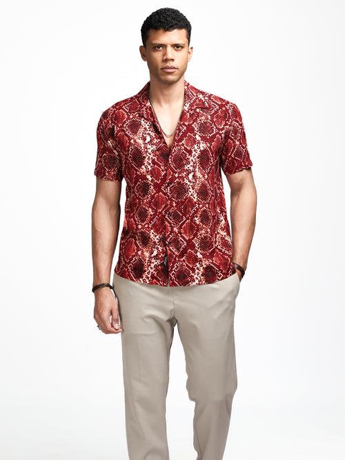 Burnt Red Snake Print Cuban Shirt