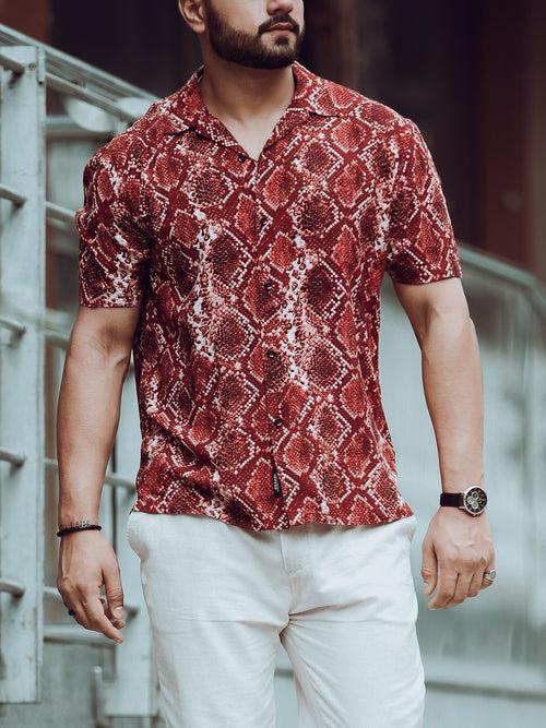 Burnt Red Snake Print Cuban Shirt